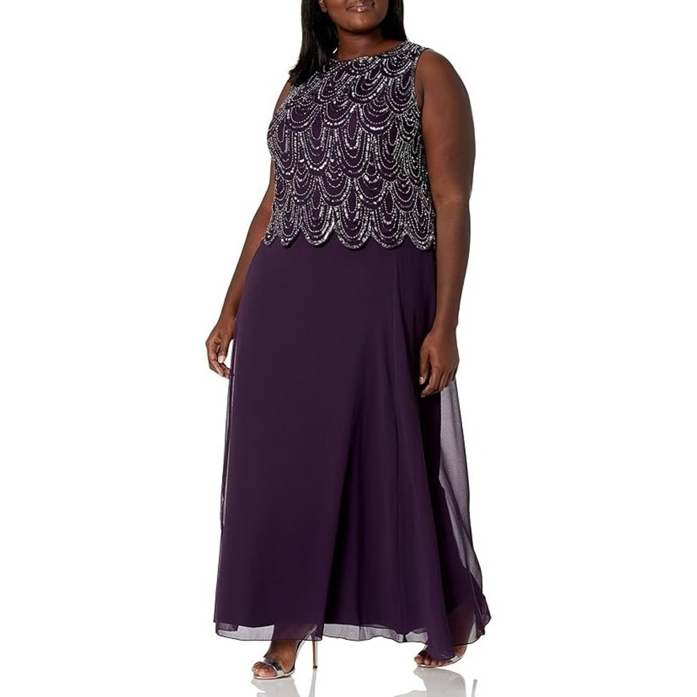 Jkara Plum Purple Beaded Sequin Scalloped Mock 2-Piece Gown w/ Shawl Size 14 NEW